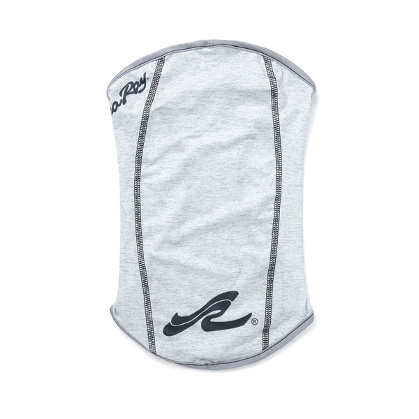 Image of a light heather gray neck gaiter with black Sea Ray logo