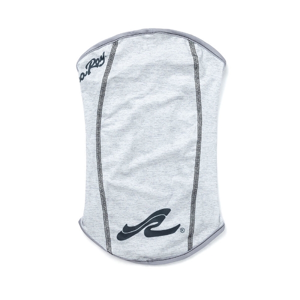 Image of a light heather gray neck gaiter with black Sea Ray logo