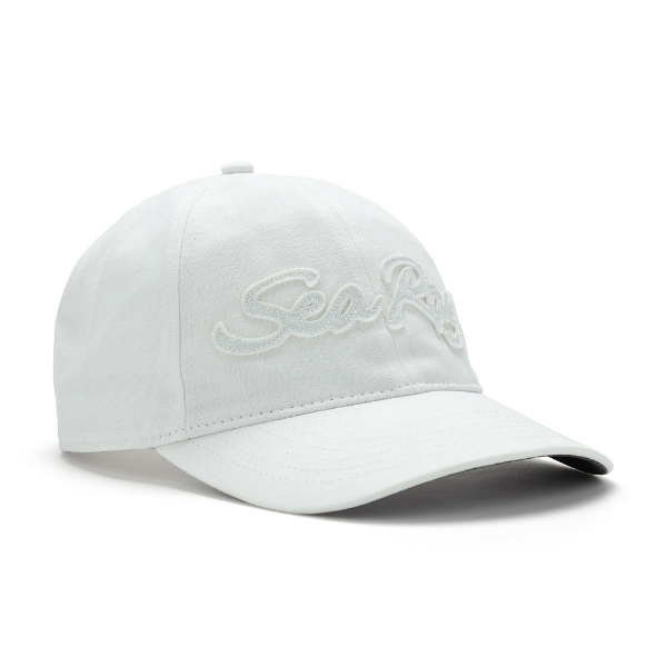 Image of a white cap with white Sea Ray logo on front