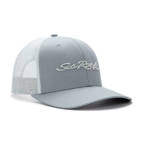 Image of a gray cap with white mesh back and white Sea Ray logo on front