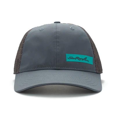 Image of a gray cap with gray mesh back and blue Sea Ray logo on front