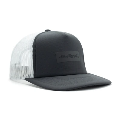Image of a charcoal gray hat with white mesh back and Sea Ray logo on front