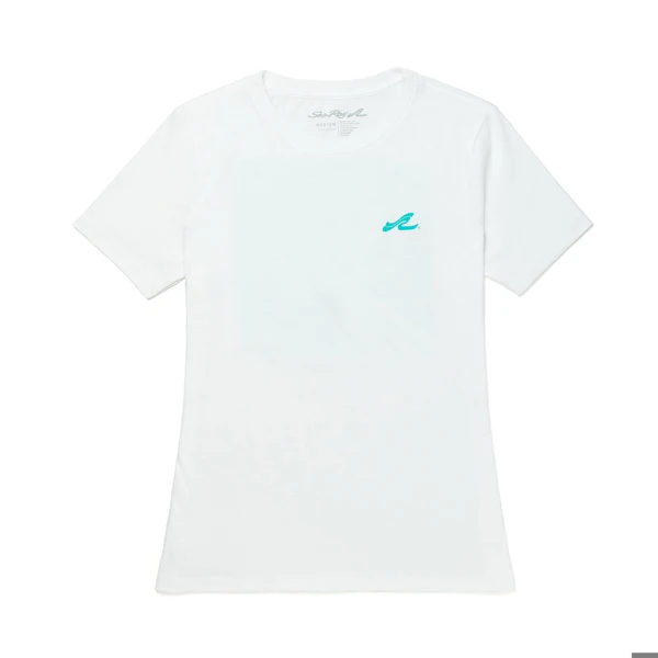 Image of a white tee with teal Sea Ray logo on front