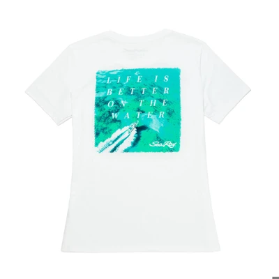 Image of a white tee with teal Sea Ray logo on front