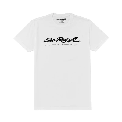 Image of a white tee with black Sea Ray logo on the front
