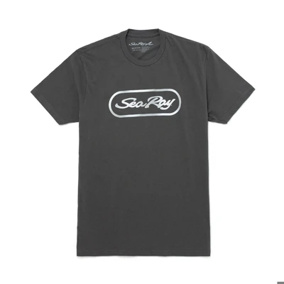 Image of a gray tee with silver Sea Ray logo on the front