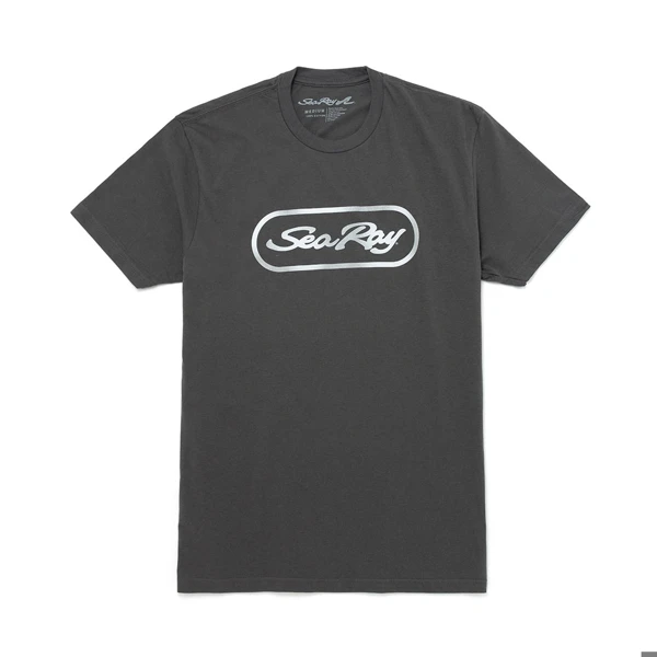 Image of a gray tee with silver Sea Ray logo on the front