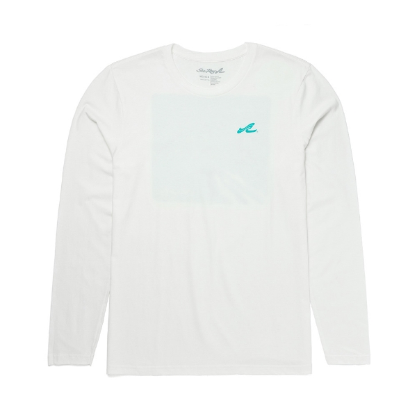 Front image of a white long sleeve with teal Sea Ray logo on the left chest