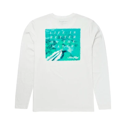 Image of a white long sleeve with teal Sea Ray logo on front