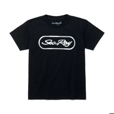 Image of a youth black tee with silver Sea Ray logo on front