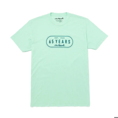 Image of a mint tee with a green 65th anniversary Sea Ray logo on the front