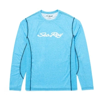 Image of a light blue performance shirt with white Sea Ray logo