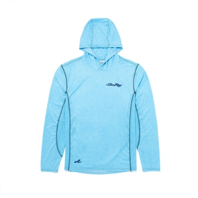 Image of a blue performance hoodie with dark blue Sea Ray logo