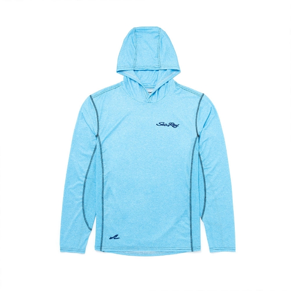 Image of a blue performance hoodie with dark blue Sea Ray logo