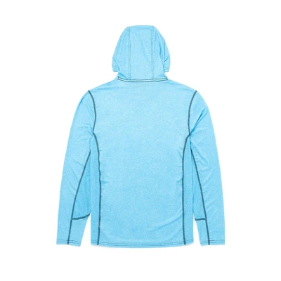 Image of a blue performance hoodie with dark blue Sea Ray logo