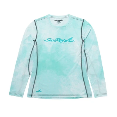 Image of a blue ocean print performance shirt with teal Sea Ray logo