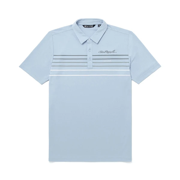 Image of a blue polo with white and gray Sea Ray design