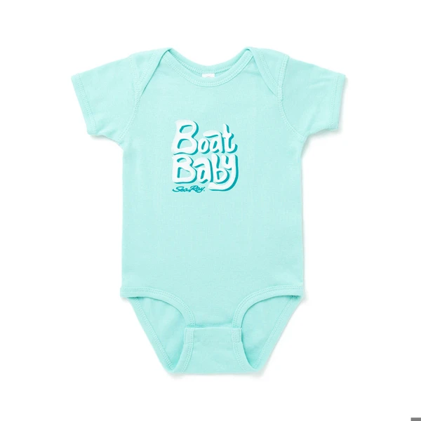Image of a blue onesie with a white boat baby design