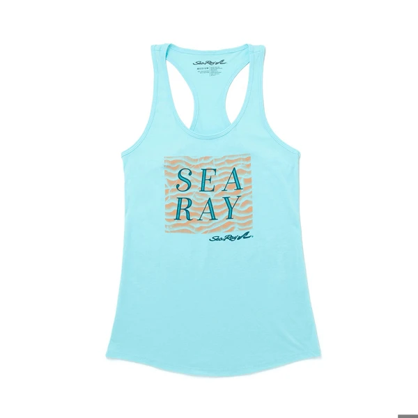 Image of a blue tank top with an orange and blue Sea Ray design
