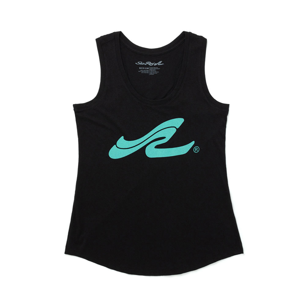 Image of a black tank top with a blue Sea Ray logo on the front and back