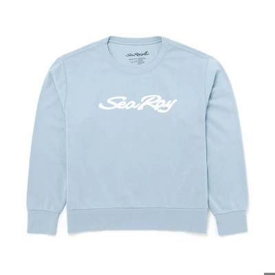 Image of a blue crewneck with white Sea Ray logo