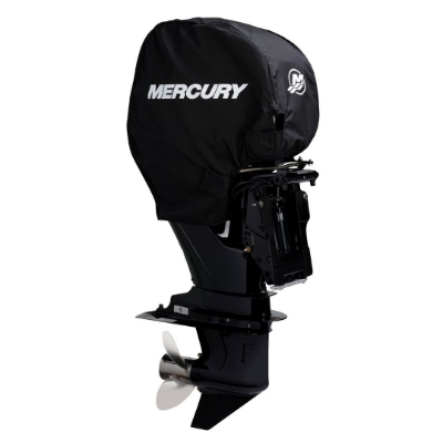 Image of the black Mercury Tow-n-Stow Engine Cover - 40/50/60 HP with white Mercury logo