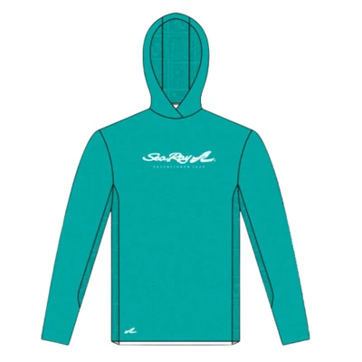 Teal hooded performance shirt with Sea Ray logo in chest