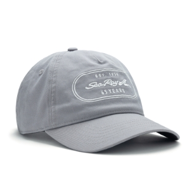 Image of a gray cap with a white 65th anniversary Sea Ray design