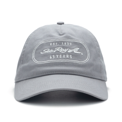 Image of a gray cap with a white 65th anniversary Sea Ray design