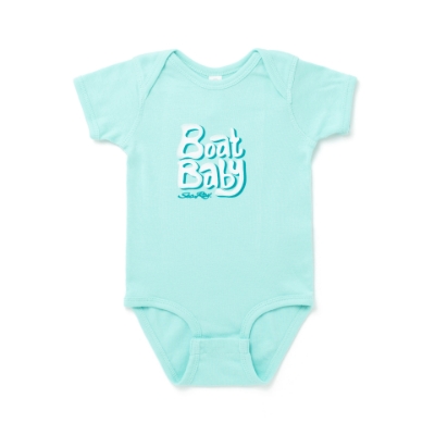 Image of a blue onesie with a white boat baby design on the front