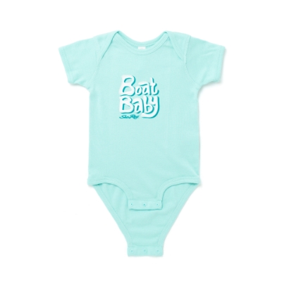 Image of a blue onesie with a white boat baby design on the front