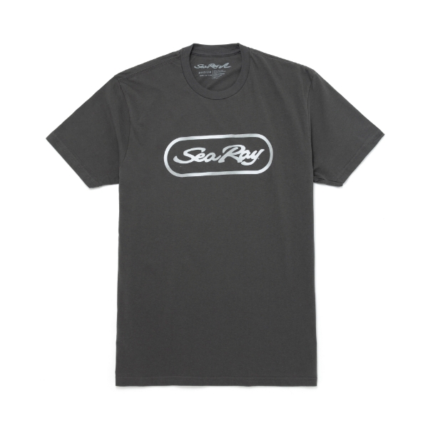 Image of a gray tee with silver Sea Ray logo on the front