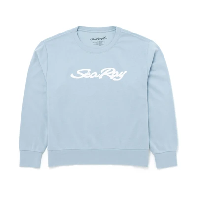 Image of a blue crewneck with white Sea Ray logo