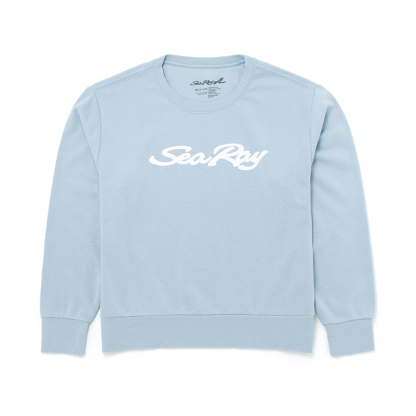 Image of a blue crewneck with white Sea Ray logo