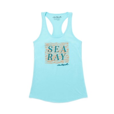 Image of a blue tank top with an orange and blue Sea Ray design on the front