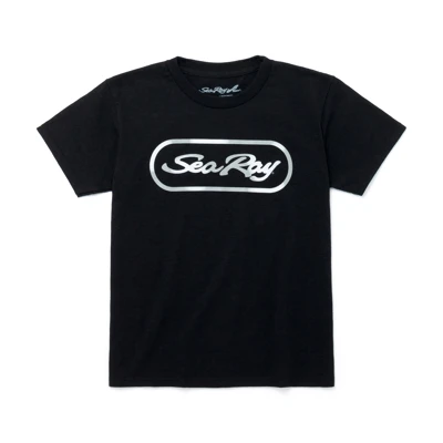 Image of a youth black tee with silver Sea Ray logo on front