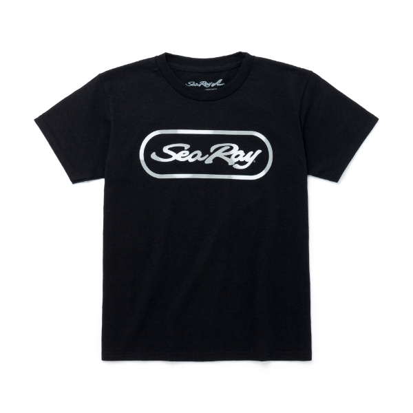 Image of a youth black tee with silver Sea Ray logo on front