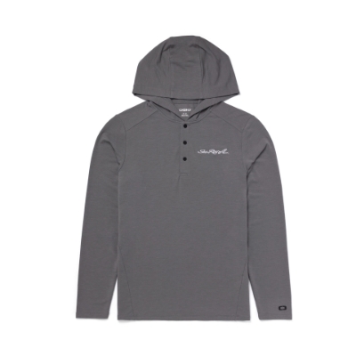 A light gray long-sleeve hooded Henley shirt with a snap button placket. Sea Ray is embroidered on the left chest in white.