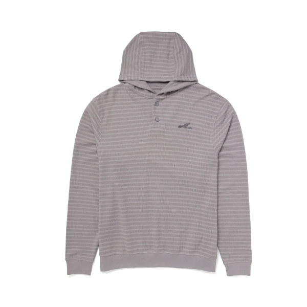 A light gray, horizontal striped, long-sleeve hoodie with a hood and button placket. The SeaRay logo is embroidered on the left chest in dark gray.