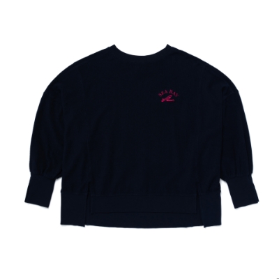 A dark navy blue sweatshirt with a relaxed fit, crew neckline, long sleeves with cuffed ends, and a curved hem. The Sea Ray logo is embroidered in hot pink on the left chest.