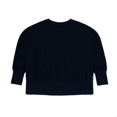 A dark navy blue sweatshirt with a relaxed fit, crew neckline, long sleeves with cuffed ends, and a curved hem. The Sea Ray logo is embroidered in hot pink on the left chest.