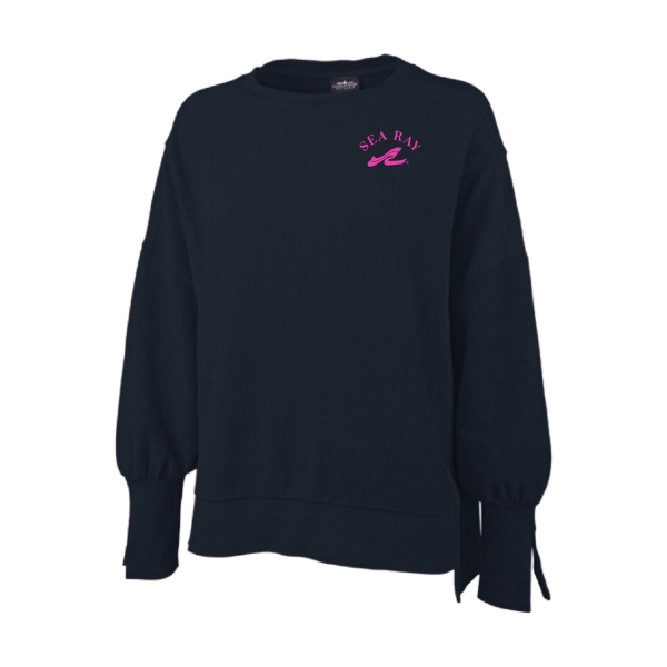 A dark navy blue sweatshirt with a relaxed fit, crew neckline, long sleeves with cuffed ends, and a curved hem. The Sea Ray logo is embroidered in hot pink on the left chest.