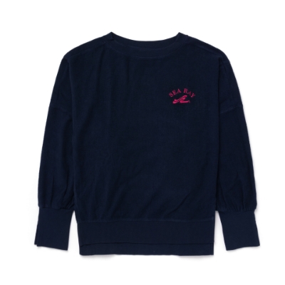 A dark navy blue sweatshirt with a relaxed fit, crew neckline, long sleeves with cuffed ends, and a curved hem. The Sea Ray logo is embroidered in hot pink on the left chest.