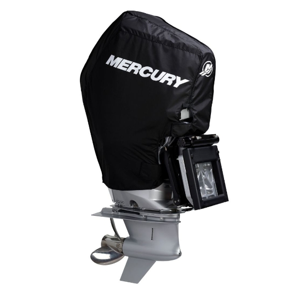Image of the Black Mercury Tow-n-Stow Engine Cover - 200-300hp, 4.6L V8 2018-2024 with white Mercury logo