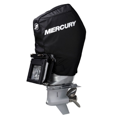 Image of the Black Mercury Tow-n-Stow Engine Cover - 200-300hp, 4.6L V8 2018-2024 with white Mercury logo