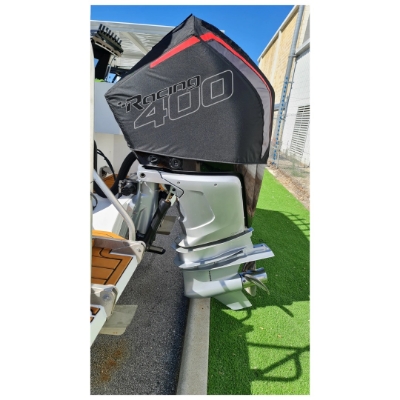 Image of the Mercury Racing 400R V10 Vented Splash Cover with the word "Racing 400" in black and white