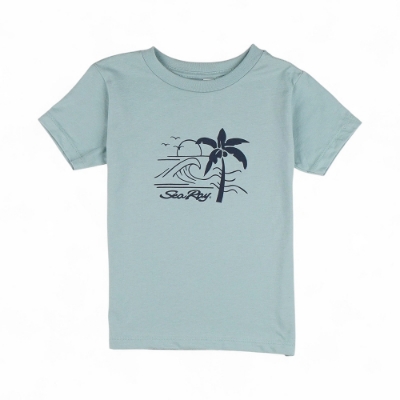 Youth Coastal Tee in Sea Ray Blue with palm tree and wave graphic