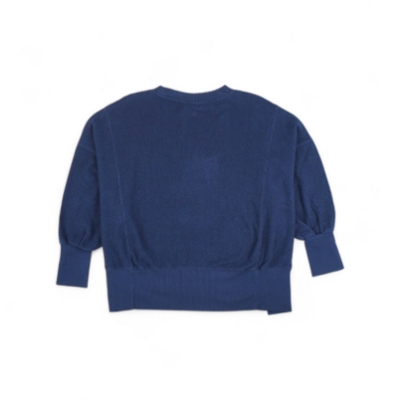 Women's Corded Pullover A dark navy blue sweatshirt with a relaxed fit, crew neckline, long sleeves with cuffed ends, and a curved hem. The Sea Ray logo is embroidered in hot pink on the left chest.