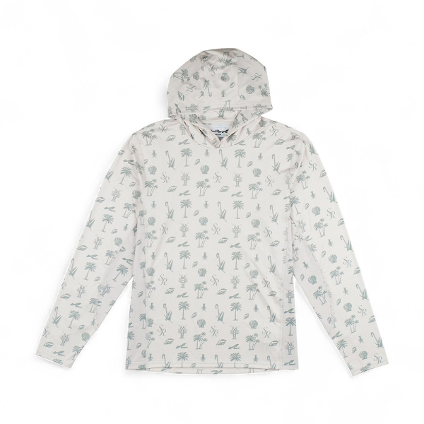 Sea Ray hooded performance long sleeve shirt with nautical print, front view.