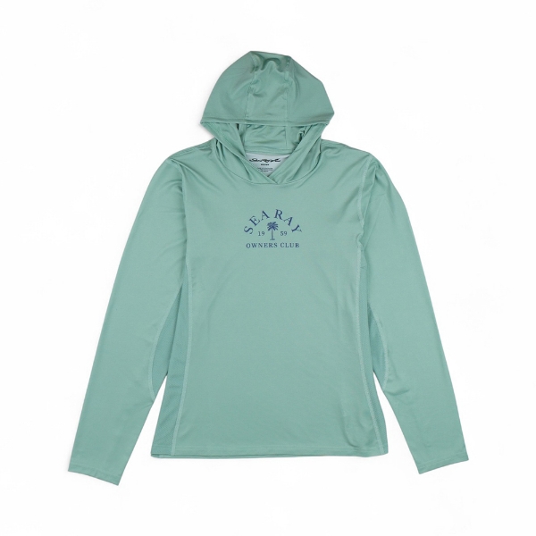 Front of Women's Hooded Performance Long Sleeve - Green Fog from front with a navy Sea Ray Owners Club graphic with a palm tree and “Since 1959” text.